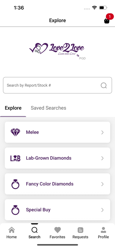 The explore dashboard of the Love2Love app by Pure Grown Diamonds showing searchable diamond categories including Lab-Grown and Fancy Color Diamonds.