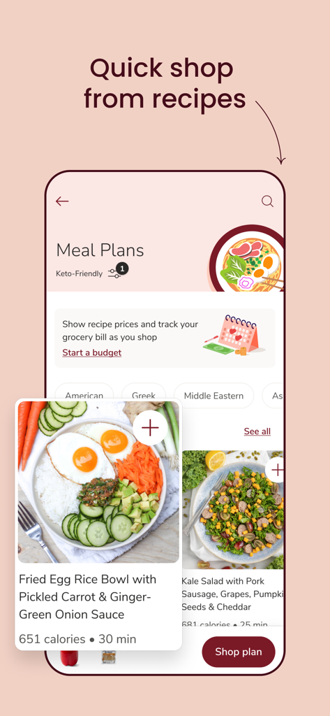 Safeway Deals & Delivery - A mobile screen showing the meal plans and recipe shopping feature in the Safeway app.