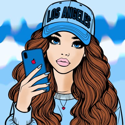 realistic beautiful girl wearing los ángeles cap holding an iphone