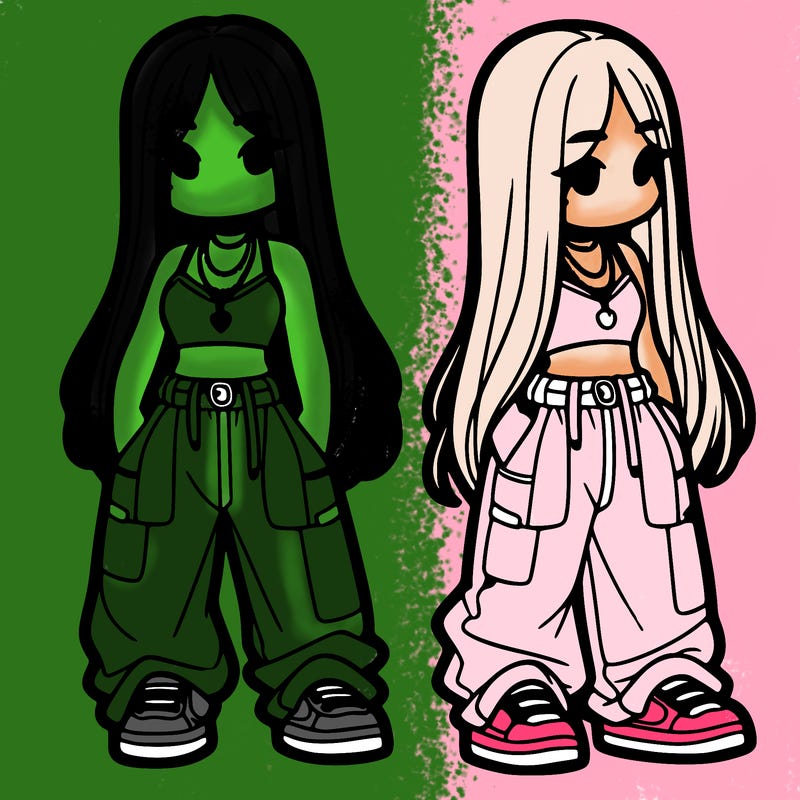 girl in baggy pants crop top and long hair