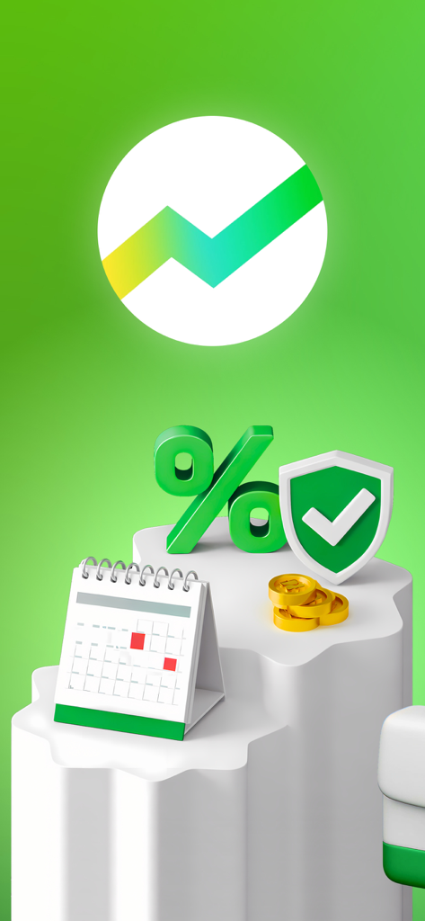 СБЕР Инвестиции - 3D financial icons representing a calendar coins and security shield on a green background
