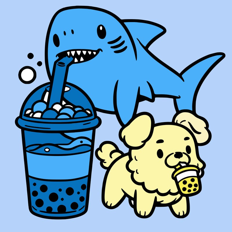 shark in boba and  a dog drinking out of it