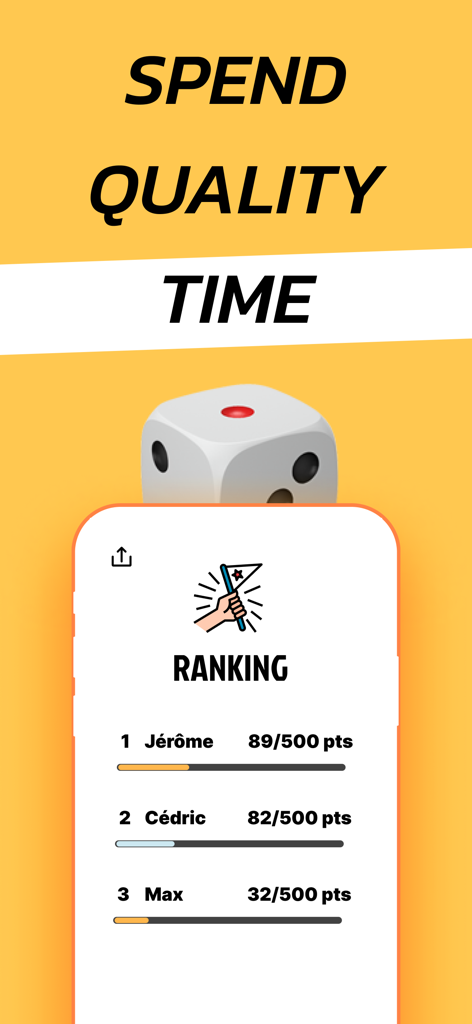 HeroZero - #1 family game :-) - Pantalla de la aplicación HeroZero que muestra una tabla de clasificación con miembros de la familia y el texto Pasa Tiempo de Calidad