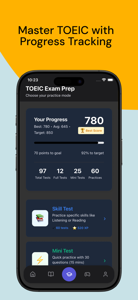 Écran de l'application English Mastery montrant les progrès de préparation à l'examen TOEIC avec suivi des scores et modes de test pratique