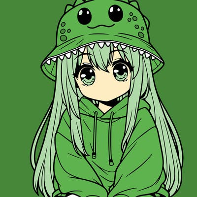 girl with anime shaped eyes with a dinosaur bucket hat oversized sweatshirt long straight hair