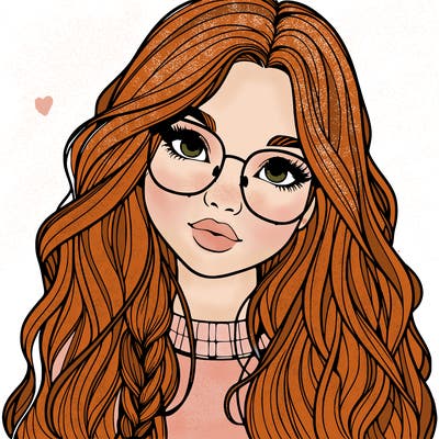 girl with long hair and freckles and glasses realistic
