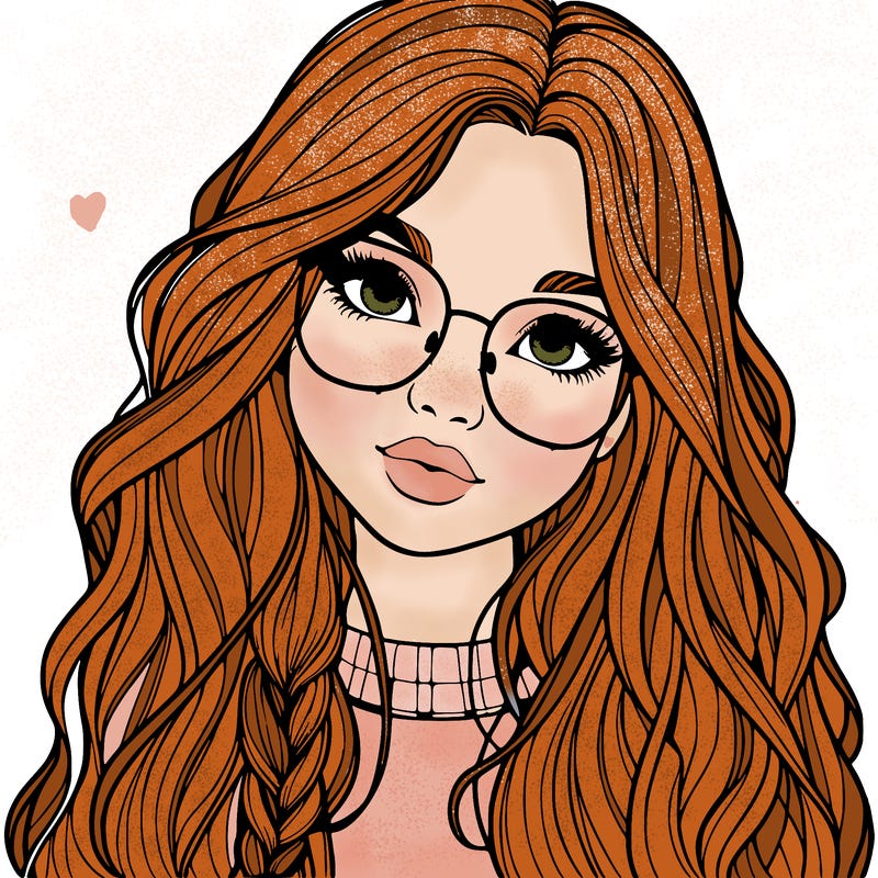 girl with long hair and freckles and glasses realistic