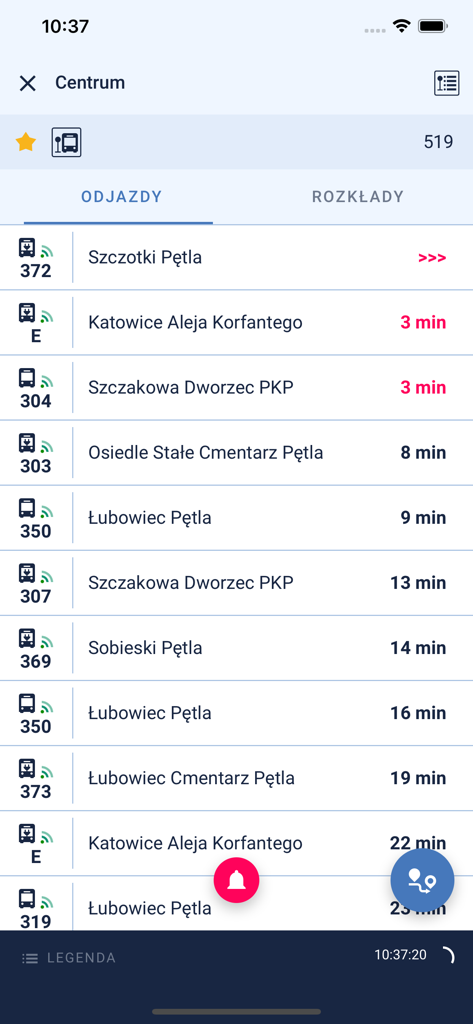 Tableau des départs de bus en temps réel affichant les prochaines arrivées de transport et les temps d'attente