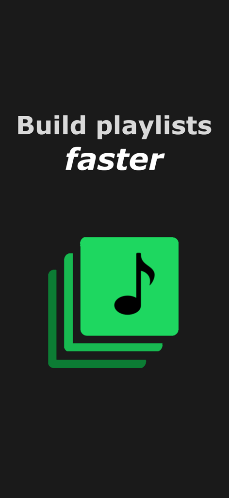 Pantalla promocional de Playlist Maker for Spotify que dice Crea playlists más rápido con un icono de música