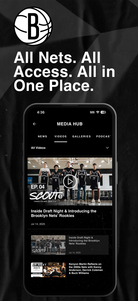 Brooklyn Nets - 브루클린 네츠 공식 앱 미디어 허브 화면이 팀 동영상 콘텐츠와 최신 뉴스를 보여줍니다.