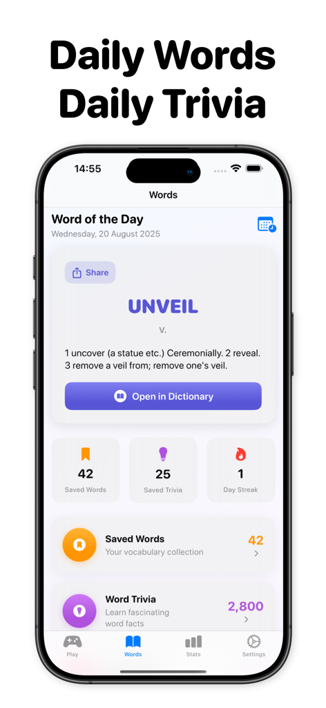 Word Tiles: Puzzle Word Game - Screenshot of Word Tiles app showing the Word of the Day feature and personal vocabulary statistics