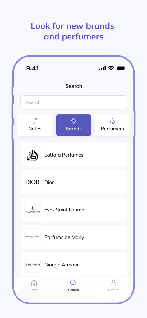 Fragplace - A mobile interface for the Fragplace app showing a search screen for perfume brands with a list including Dior, Yves Saint Laurent, and Parfums de Marly.