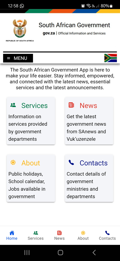 L'écran d'accueil de l'application du gouvernement sud-africain affichant les catégories principales pour les services, les actualités, à propos et les contacts.