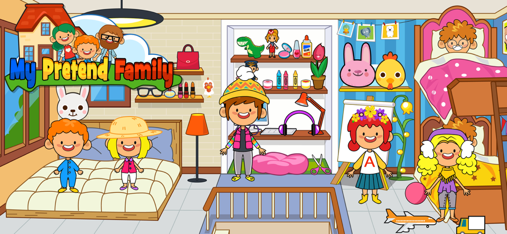 Digital dollhouse bedroom with children characters and toys