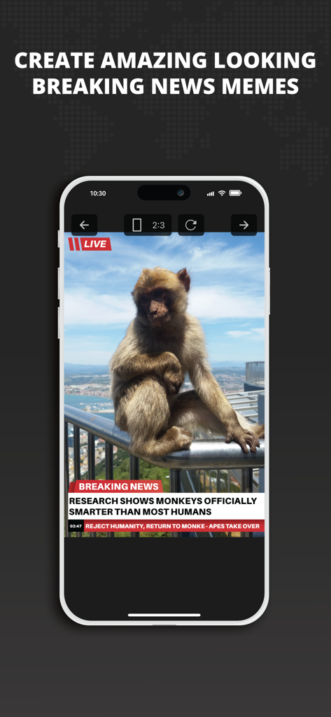 La aplicación "Memes de Noticias de Última Hora" muestra un reportaje satírico con la imagen de un mono.
