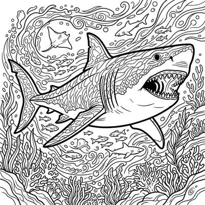 Unleash your creativity with this thrilling Megalodon shark coloring page, capturing the awe-inspiring power of the ocean's greatest predator. Immerse yourself in a dynamic underwater scene filled with intricate marine life and swirling currents, ready for your artistic touch.