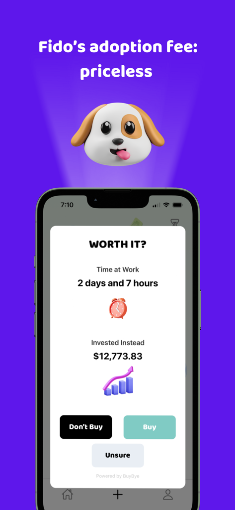 BuyBye - Save Money - Interfaz de la aplicación BuyBye que muestra la calculadora Worth It comparando el gasto con las horas de trabajo y el crecimiento de la inversión