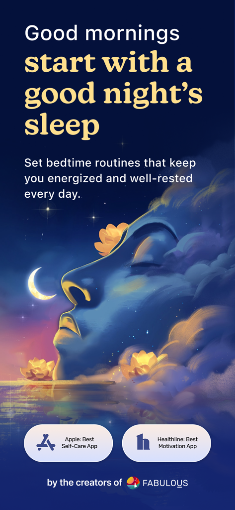 Lune: Bedtime Sleep Routine - Luneアプリの画面。芸術的な夜空のイラストと「良い朝は良い夜から始まる」というテキストが表示されています。