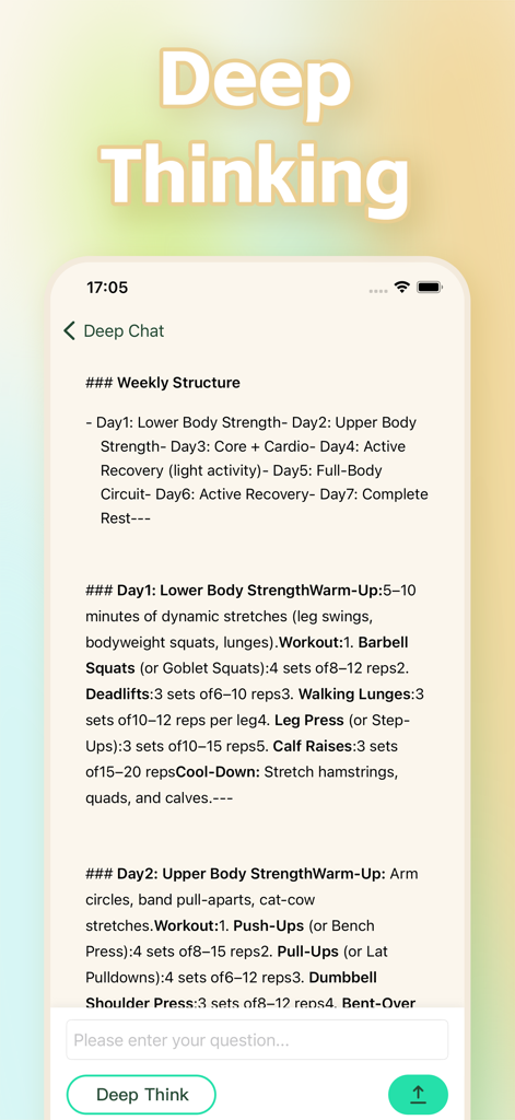 Munas app screenshot showing an AI-generated weekly workout schedule with deep thinking features.