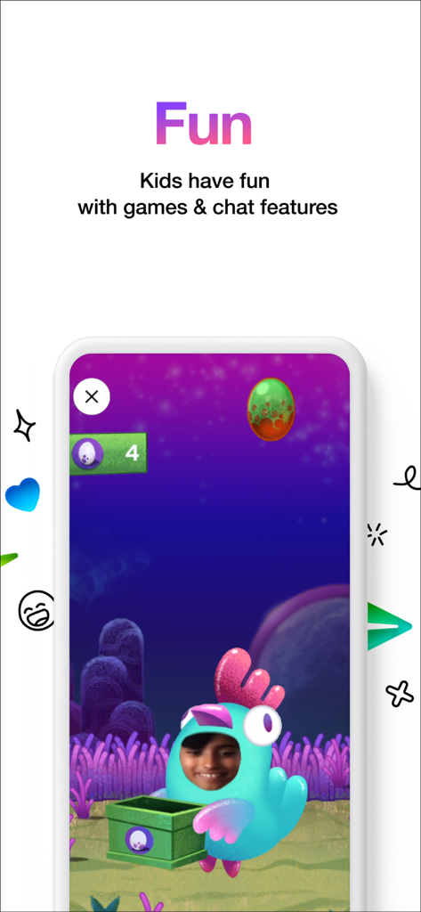 A child using a blue chicken AR filter in the Messenger Kids app interface.