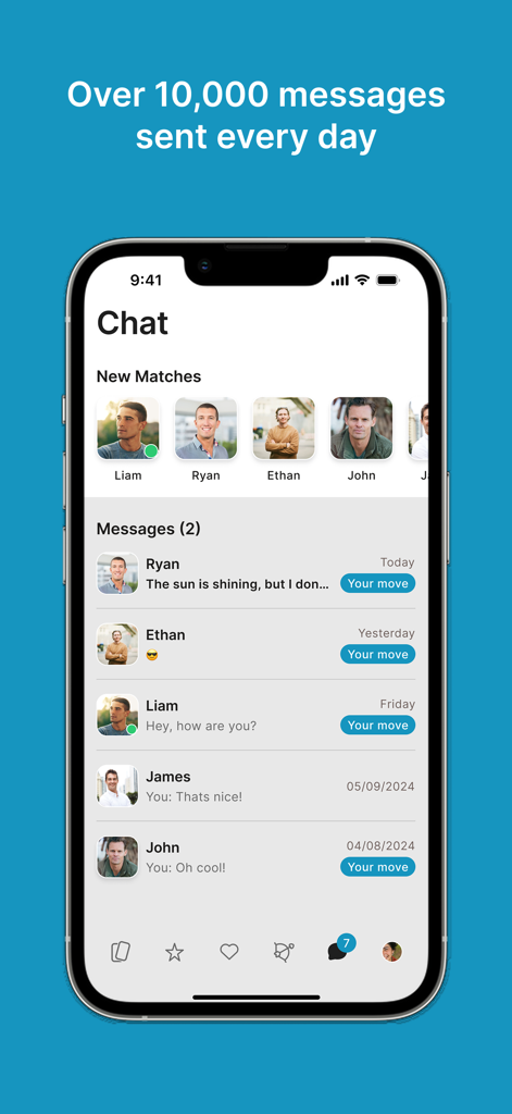 Chat interface of the LDS Singles dating app showing new matches and message conversations.