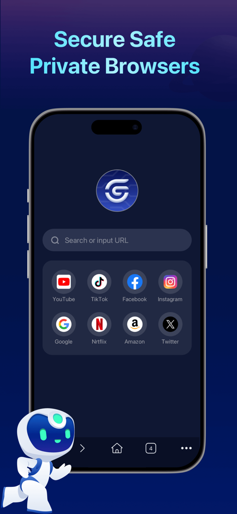 Smartphone displaying the Global VPN Secure Browser home screen with search bar and popular website shortcuts