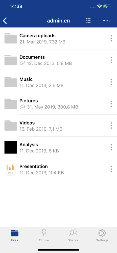 IONOS HiDrive mobile app interface showing a list of cloud storage folders and files