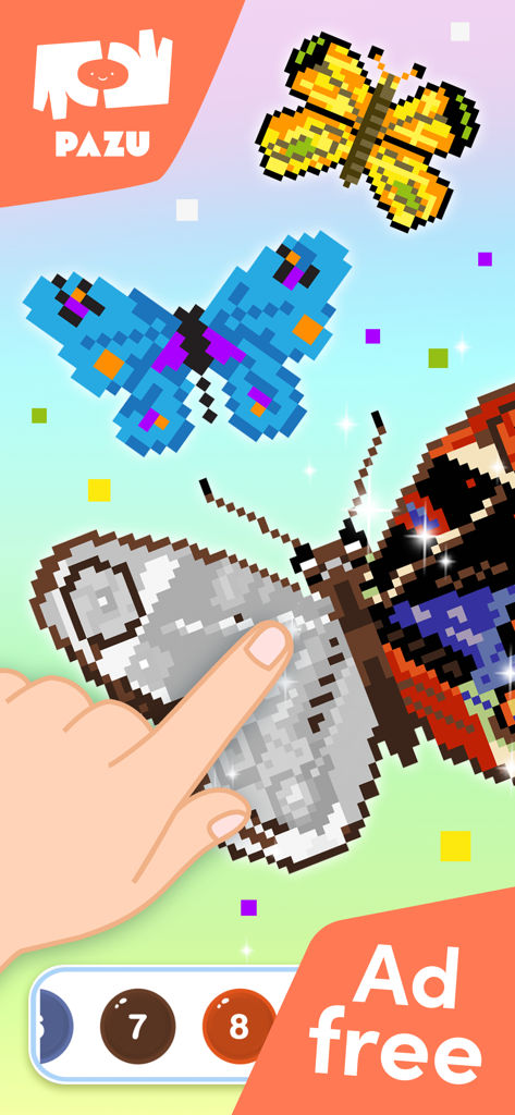 Un niño coloreando una mariposa de pixel art en la aplicación de colorear de Pazu
