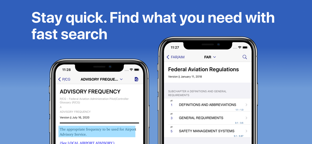 FAR AIMアプリのスクリーンショット。2台のiPhoneでFAA規則と航空周波数の高速検索を示しています