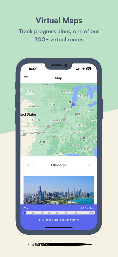 Big Team Challenge - Big Team Challenge app interface showing a virtual walking route on a map of the United States.