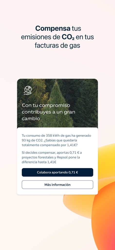 Interfaz de la aplicación Repsol Vivit que muestra una función para compensar las emisiones de CO2 del consumo de gas.