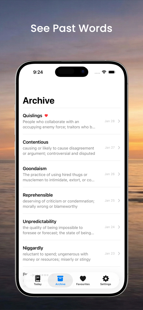 A list of past words of the day with their definitions in the WOTD app archive