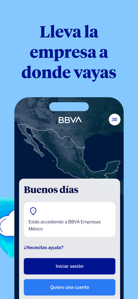 BBVA Empresas México - Schermata di accesso all'app BBVA Empresas Mexico che mostra le opzioni per accedere e gestire i conti aziendali da remoto