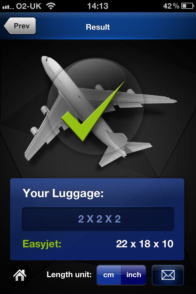 Luggage Checker - Luggage Checker result screen showing successful bag size validation for EasyJet