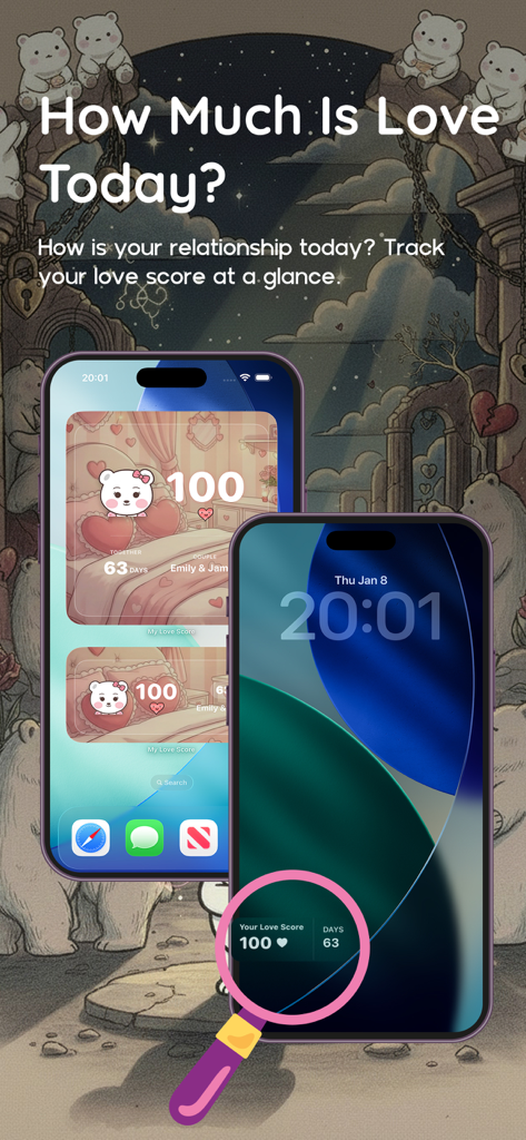 My Love Score: Love Tracker - iPhone home and lock screen widgets showing a love score of 100 and 63 days together.