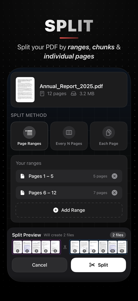 PDFWelder – PDF Merger - PDFWelderアプリのインターフェイスには、ページ範囲によるPDF分割機能が表示されています