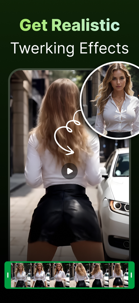 Figurine 3D - Action Figure AI - A screenshot of the Figurine 3D app showing a realistic AI twerking animation effect on a woman.