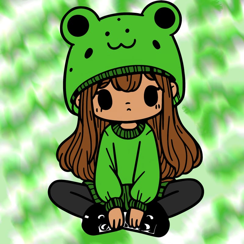 a girl wearing a frog hat and some frog socks