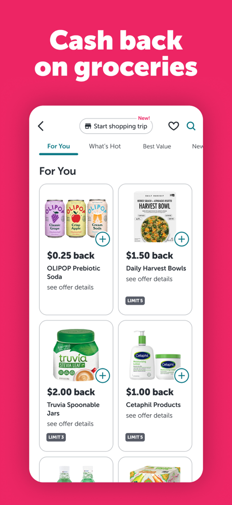 The Ibotta app screen displaying various cash back offers for grocery items like soda and skincare.