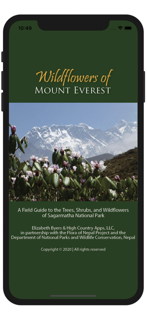 Wildflowers of Mount Everest app home screen featuring Himalayan peaks and native pink flowers