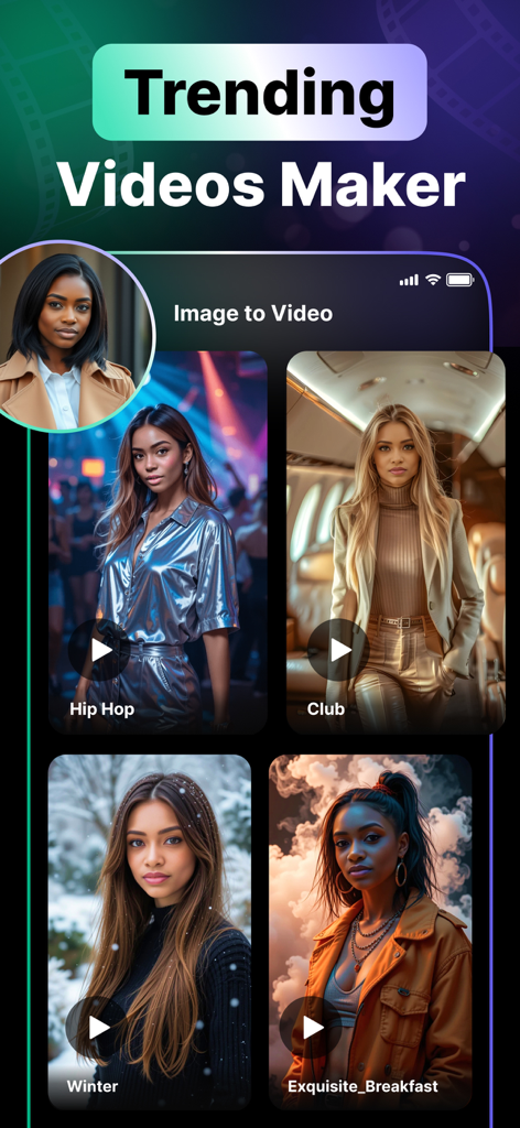 PicVideo app interface showing image to video creation for trending styles