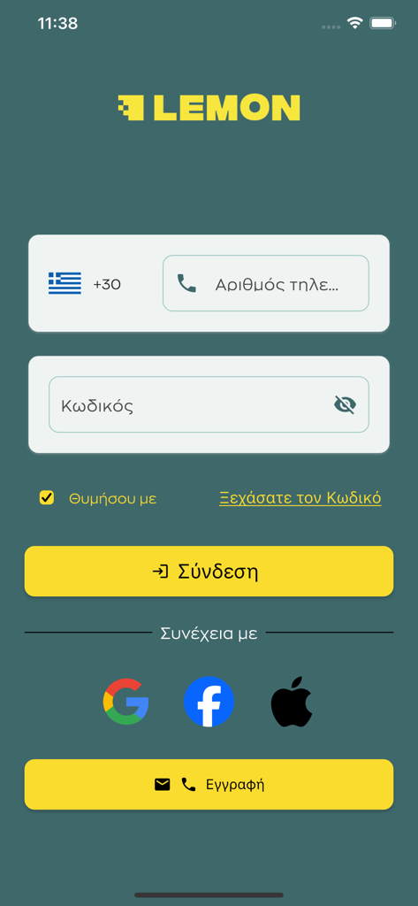 Lemon - Pantalla de inicio de sesión de la aplicación de taxi Lemon con opciones de inicio de sesión en redes sociales.
