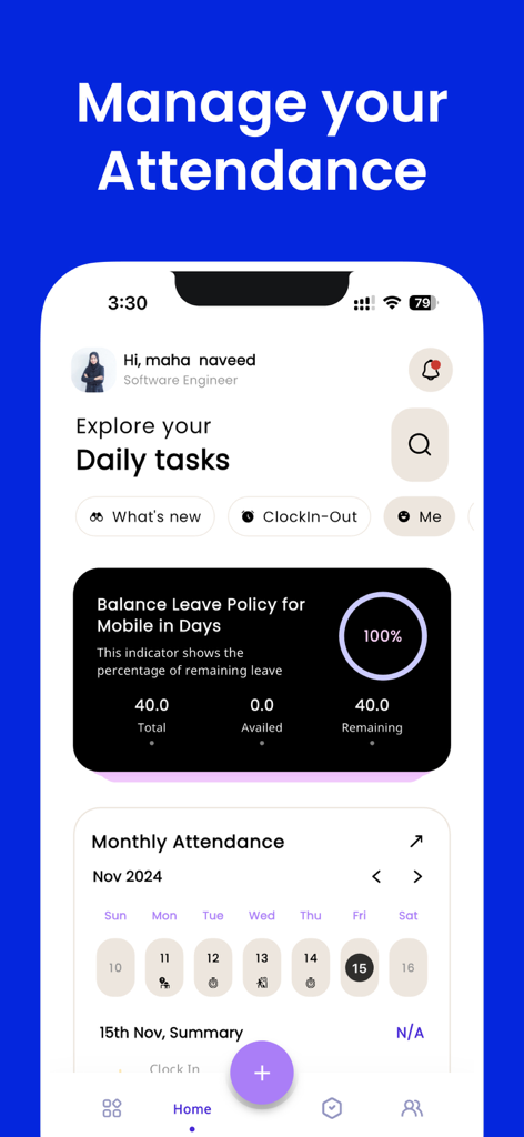PayPeople Cloud HR System - Schermata dell'app mobile PayPeople che mostra la gestione delle presenze, le attività giornaliere e il monitoraggio del saldo ferie.