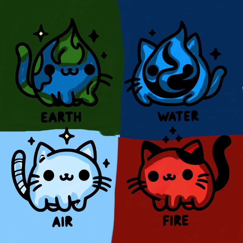 4 cats that represent the different elements, earth, water, air, and fire