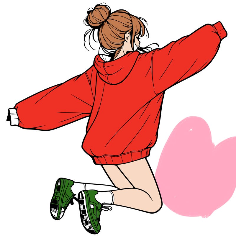 realistic girl jumping with a bun and oversized sweatshirt