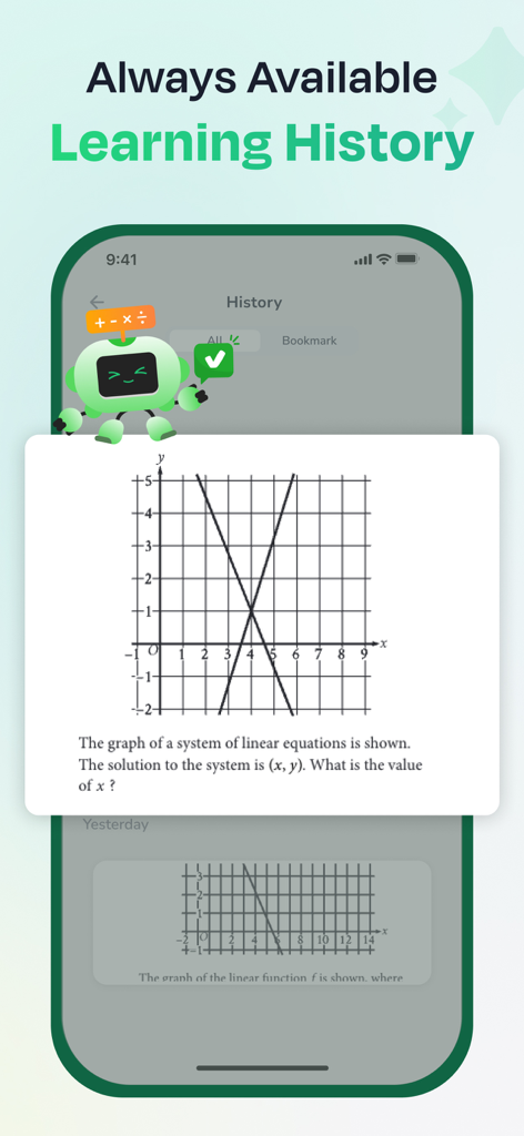 AI Math Solver App - SolveMate - SolveMate app screen showing the learning history feature with a saved math graph problem.