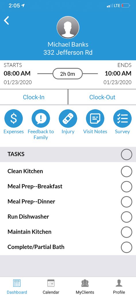 CareSmartz360⁺ - CareSmartz360 app interface showing caregiver task checklist and clock in options for a client visit