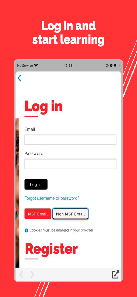 MSF Tembo Learning - Pantalla de inicio de sesión de la aplicación MSF Tembo Learning con campos de correo electrónico y contraseña para personal y no personal.