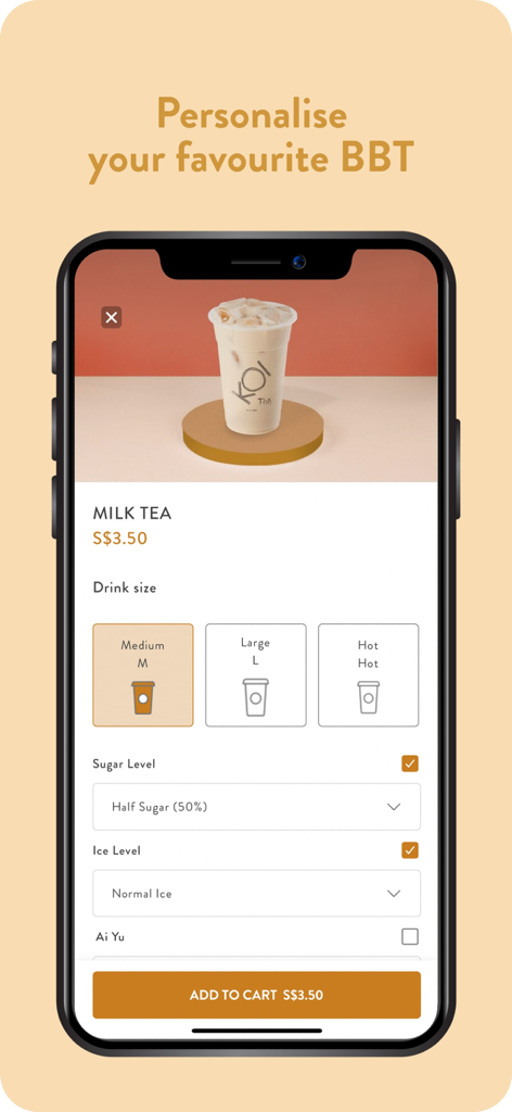 Smartphone screen showing customization options for a milk tea order on the KOI The app