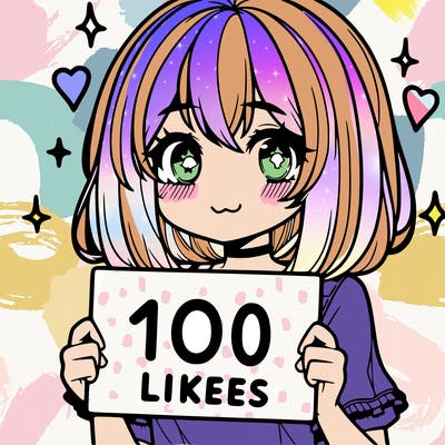 anima girl holding a 100 likes sign in her hand